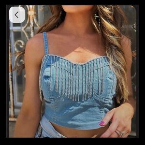 Savanna Jane Denim rhinestone Fringe Crop Top